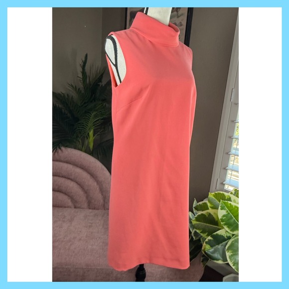 Sleeveless Coral Pink Shift Dress Mock Turtleneck Mod Style - Picture 3 of 12